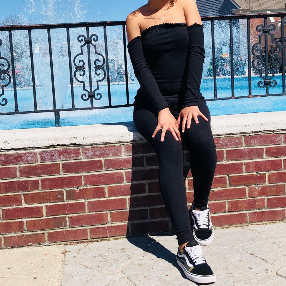 Black Bardot Frill Unitard Jumpsuit